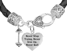 Weightlifters Dumbbell, Never Stop Trying, Never Give Up, Never Quit,Heart, On A Black Woven Leather Bracelet, Hypoallergenic - Nickel, Lead, And Poisonous Cadmium Free