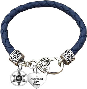 Deputy Sheriff's, I Married My Hero, On A Genuine Navy Blue Leather Bracelet, Hypoallergenic Safe-Nickel, Lead and Cadmium Free