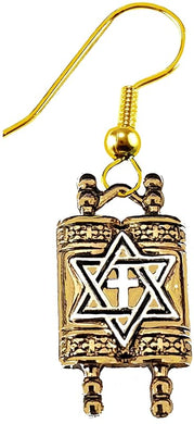Messianic, Yeshua, Holy, Holy, Holy, 14KT Antique Goldtone Torah (Bible) With A Silvertone Star of David And Cross On A Adjustable Goldtone Earring Wire Fishhook Earring. ©2024