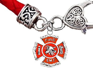 EMT Firefighter, On A Red Woven Leather Hypoallergenic Bracelet, Nickel, Lead, And Poisonous Cadmium Free
