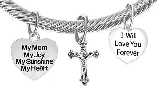 My Mom, My Joy, My Sunshine, My Heart, and I Will Love You Forever, and A Crucifix, Adjustable Bracelet Nickle, Lead, Cadmium Free