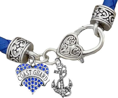 Coast Guard Genuine Crystal Charm, Crystal Anchor,Vintage Antique Silver Clasp/Genuine Blue Leather Bracelet, Hypoallergenic, Safe-No Nickel, No Lead and No Poisonous Cadmium