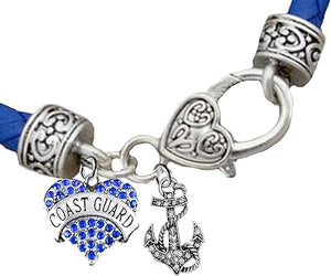 Coast Guard Genuine Crystal Charm, Crystal Anchor,Vintage Antique Silver Clasp/Genuine Blue Leather Bracelet, Hypoallergenic, Safe-No Nickel, No Lead and No Poisonous Cadmium