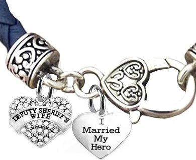 Deputy Sheriff's Wife, I Married My Hero, On A Genuine Dark Navy Blue Leather Bracelet, Hypoallergenic Safe-Nickel, Lead And Cadmium Free