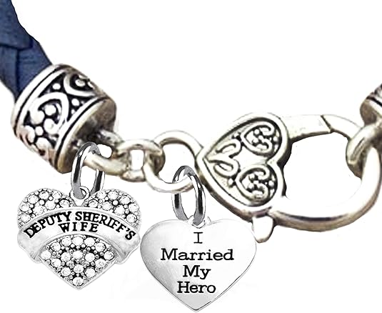 Deputy Sheriff's Wife, I Married My Hero, On A Genuine Dark Navy Blue Leather Bracelet, Hypoallergenic Safe-Nickel, Lead And Cadmium Free
