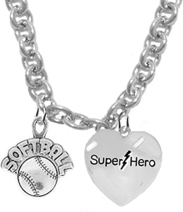 Softball, SUPER HERO, She is Special, Sterling Silver, Solid .925 Sterling, Not Plated Or Coated,18 Inch Necklace.Charm,Nickel,Lead Free.Fast