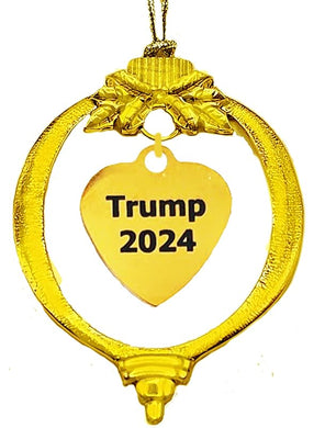Trump 2024 Goldtone Heart In A Goldtone Tree Ornament, With Tree Attachment, What A Great Gift for Yourself, or Someone Special. No Sizes To Worry About! Approximately 3 Inches High.Quality14KT Finish