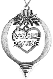I Love Barrel Racing Open Heart Silvertone Ornament, What A Wonderful Gift For Yourself,Or Someone Special,Looks Great On The Tree, Comes Gift Ready In A Black Velvet Bag, Made In The USA