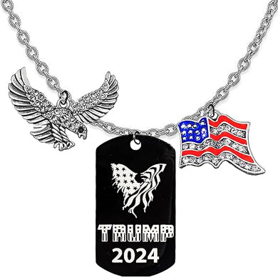 Trump 2024 Black Dog Tag, Genuine Austrian Cut Crystal Covers The Eagle And The American Flag On A Small Cable Chain Necklace
