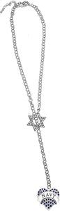 Jewish Marine Crystal Heart, Through A Crystal Star Of David, Rolo Chain Necklace Hypoallergenic, Safe-Nickel, Lead, And Cadmium Free