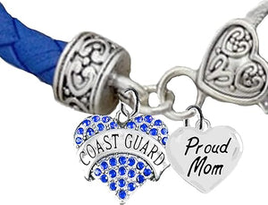 Coast Guard, Proud Mom Heart Charm Genuine Leather Bracelet, Hypoallergenic, Safe- Nickel, Lead, and Cadmium Free