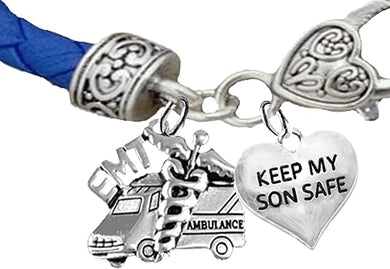 EMT Ambulance, Keep My Son Safe Heart, On A Blue Leather Hypoallergenic Bracelet, Nickel, Lead, And Poisonous Cadmium Free