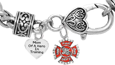 Firefighter, Mom Of A Hero In Training, Fire Department Charm, On A Antique Wheat Chain Bracelet, Hypoallergenic Safe-Nickel, Lead And Cadmium Free