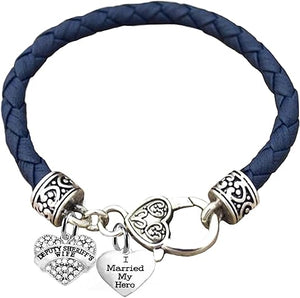 Deputy Sheriff's Wife, I Married My Hero, On A Genuine Dark Navy Blue Leather Bracelet, Hypoallergenic Safe-Nickel, Lead And Cadmium Free