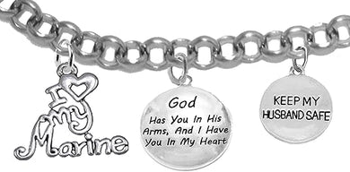 Marine Wife, My Husband, God Has You In His Arms And I Have You In My Heart, Adjustable, Hypoallergenic-Safe, No Nickel, Lead, Or Poisonous Cadmium In Bracelet