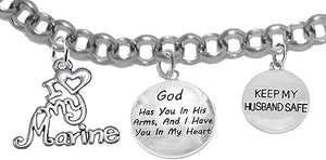 Marine Wife, My Husband, God Has You In His Arms And I Have You In My Heart, Adjustable, Hypoallergenic-Safe, No Nickel, Lead, Or Poisonous Cadmium In Bracelet