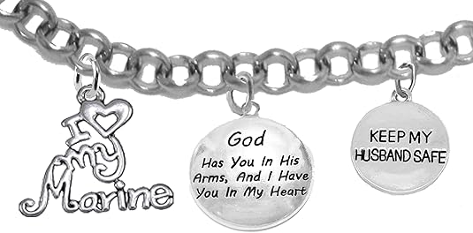 Marine Wife, My Husband, God Has You In His Arms And I Have You In My Heart, Adjustable, Hypoallergenic-Safe, No Nickel, Lead, Or Poisonous Cadmium In Bracelet
