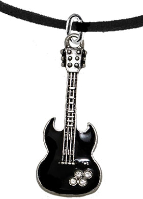 Black Guitar On Black Suede Adjustable Necklace, Hypoallergenic Safe-Nickel, Lead And Cadmium Free