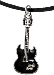 Black Guitar On Black Suede Adjustable Necklace, Hypoallergenic Safe-Nickel, Lead And Cadmium Free