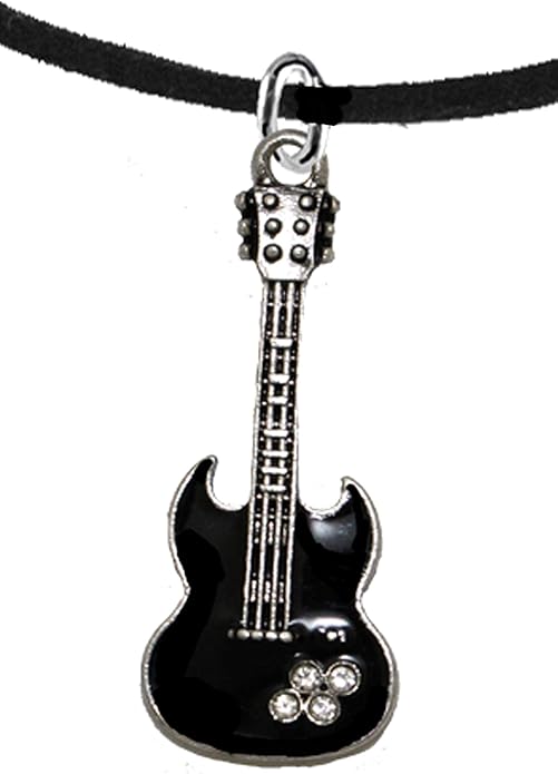 Black Guitar On Black Suede Adjustable Necklace, Hypoallergenic Safe-Nickel, Lead And Cadmium Free
