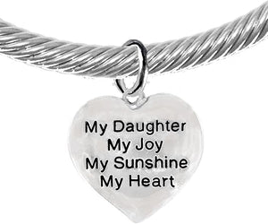 Message Bracelet, My Daughter, My Joy, My Sunshine, My Heart, Breathtaking Adjustable Silver Cable Cuff Bracelet, Hypoallergenic, Safe-Nickel, Lead, Cadmium Free