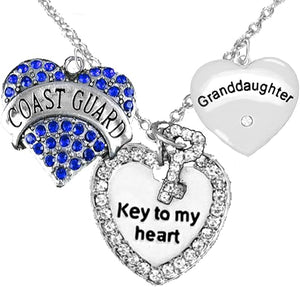 Coast Guard Granddaughter, Key to My Heart, Crystal Granddaughter Heart Charm Necklace, Adjustable, Hypoallergenic, Safe- Nickel, Lead, and Cadmium Free