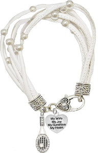Tennis, My Wife, My Joy, My Sunshine, My Heart, Hypoallergenic White Leather Bracelet, Safe-Nickel, Lead, and Cadmium Free!