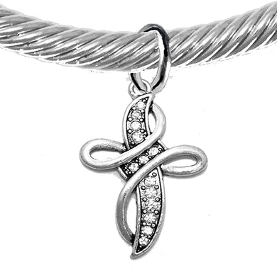 Christian Adjustable, Twisted Cable Silver-Tone Bracelet With Genuine Crystal Cross, With Crystal Ends, Hypoallergenic, Safe-Nickel, Lead, Cadmium Free