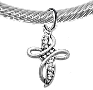 Christian Adjustable, Twisted Cable Silver-Tone Bracelet With Genuine Crystal Cross, With Crystal Ends, Hypoallergenic, Safe-Nickel, Lead, Cadmium Free