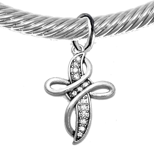 Christian Adjustable, Twisted Cable Silver-Tone Bracelet With Genuine Crystal Cross, With Crystal Ends, Hypoallergenic, Safe-Nickel, Lead, Cadmium Free