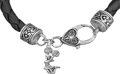 Cheer Crystal Jumping Cheerleader, Genuine Black Leather, Antique Vintage Silver Cheerleader Bracelet, Hypoallergenic, Contains No Nickel, Lead, Or Poisonous Cadmium