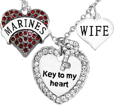 Marine Wife, “Key to My Heart, Wife Heart Charm Necklace, Hypoallergenic, Safe-Nickel, Lead, Free