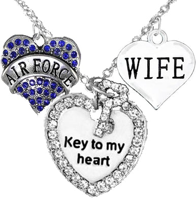Air Force Wife, “Key to My Heart, Wife Heart Necklace, Hypoallergenic, Safe-Nickel, Lead Free