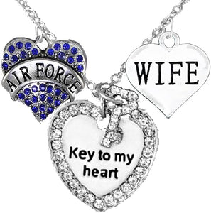 Air Force Wife, “Key to My Heart, Wife Heart Necklace, Hypoallergenic, Safe-Nickel, Lead Free