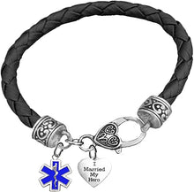 EMT, Parmedic, EMT Firefighter's I Married My Hero, On A Genuine Black Leather Bracelet, Hypoallergenic Safe-Nickel, Lead And Cadmium Free