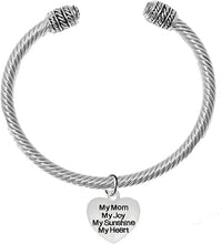 Message Bracelet, My Mom, My Joy, My Sunshine, My Heart, Breathtaking Adjustable Silver Cable Cuff Bracelet, Hypoallergenic, Safe-Nickel, Lead, Cadmium Free