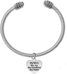 Message Bracelet, My Mom, My Joy, My Sunshine, My Heart, Breathtaking Adjustable Silver Cable Cuff Bracelet, Hypoallergenic, Safe-Nickel, Lead, Cadmium Free