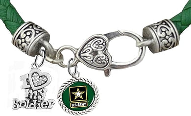 Army, I Love My Soldier, Army Green Leather Bracelet, Hypoallergenic Safe, No Nickel, Lead, Or Poisonous Cadmium in Bracelet