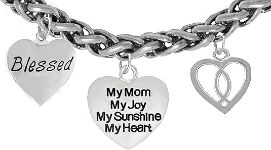 Mom, Blessed,My Mom, My Joy, My Sunshine, My Heart,Ichthus Fish, Bracelet,Hypoallergenic,Safe-Nickel, Cadmium,Lead, Free