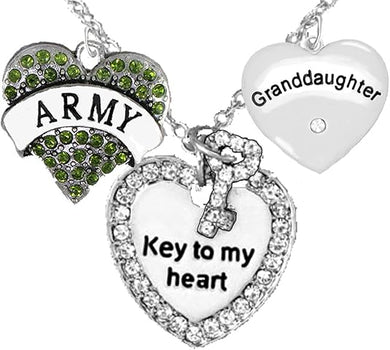 Army Granddaughter, Genuine Crystal, Key to My Heart & Olivine Green Army Heart, Adjustable Hypoallergenic, Safe-Nickel, Lead, Cadmium Free