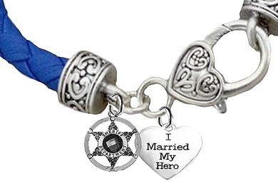 Deputy Sheriff's, I Married My Hero, On A Genuine Light Blue Leather Bracelet, Hypoallergenic Safe-Nickel, Lead and Cadmium Free