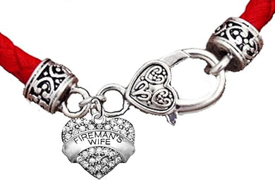 Fireman's Wife Heart, On A Genuine Red Woven Leather Hypoallergenic Bracelet, Nickel, Lead, And Poisonous Cadmium Free