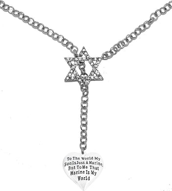 Jewish Marine, To The World My Son Is Just A Marine, But To Me That Marine Is My World, Heart, Through A Crystal Star Of David, Chain Necklace Hypoallergenic, Safe-Nickel, Lead, And Cadmium Free