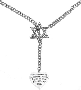 Jewish Marine, To The World My Son Is Just A Marine, But To Me That Marine Is My World, Heart, Through A Crystal Star Of David, Chain Necklace Hypoallergenic, Safe-Nickel, Lead, And Cadmium Free