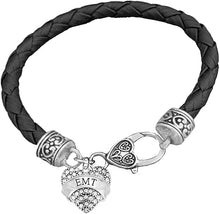 EMT Crystal Heart, On A Black Leather Hypoallergenic Bracelet, Nickel, Lead, And Poisonous Cadmium Free