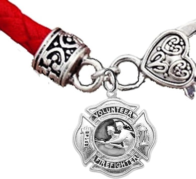 Firefighter's, Fire Rescue, On A Red Woven Leather Hypoallergenic Bracelet, Nickel, Lead, And Poisonous Cadmium Free