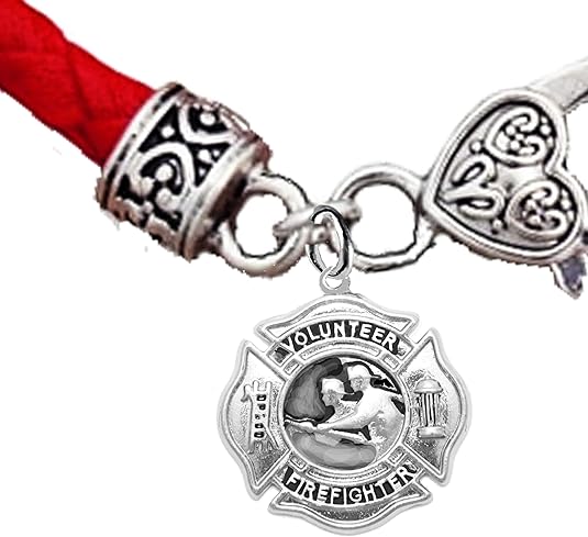 Firefighter's, Fire Rescue, On A Red Woven Leather Hypoallergenic Bracelet, Nickel, Lead, And Poisonous Cadmium Free