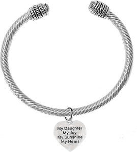 Message Bracelet, My Daughter, My Joy, My Sunshine, My Heart, Breathtaking Adjustable Silver Cable Cuff Bracelet, Hypoallergenic, Safe-Nickel, Lead, Cadmium Free