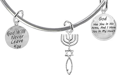 God Has You In His Arms,And I Have You In My Heart, Messianic Seal of Jerusalem With Menorah,Star Of David,Christian Fish(Ichthys)On Adjustable Bracelet,Hypoallergenic, Safe-No Nickel,Lead, Or Cadmium