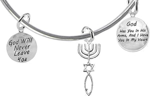 God Has You In His Arms,And I Have You In My Heart, Messianic Seal of Jerusalem With Menorah,Star Of David,Christian Fish(Ichthys)On Adjustable Bracelet,Hypoallergenic, Safe-No Nickel,Lead, Or Cadmium